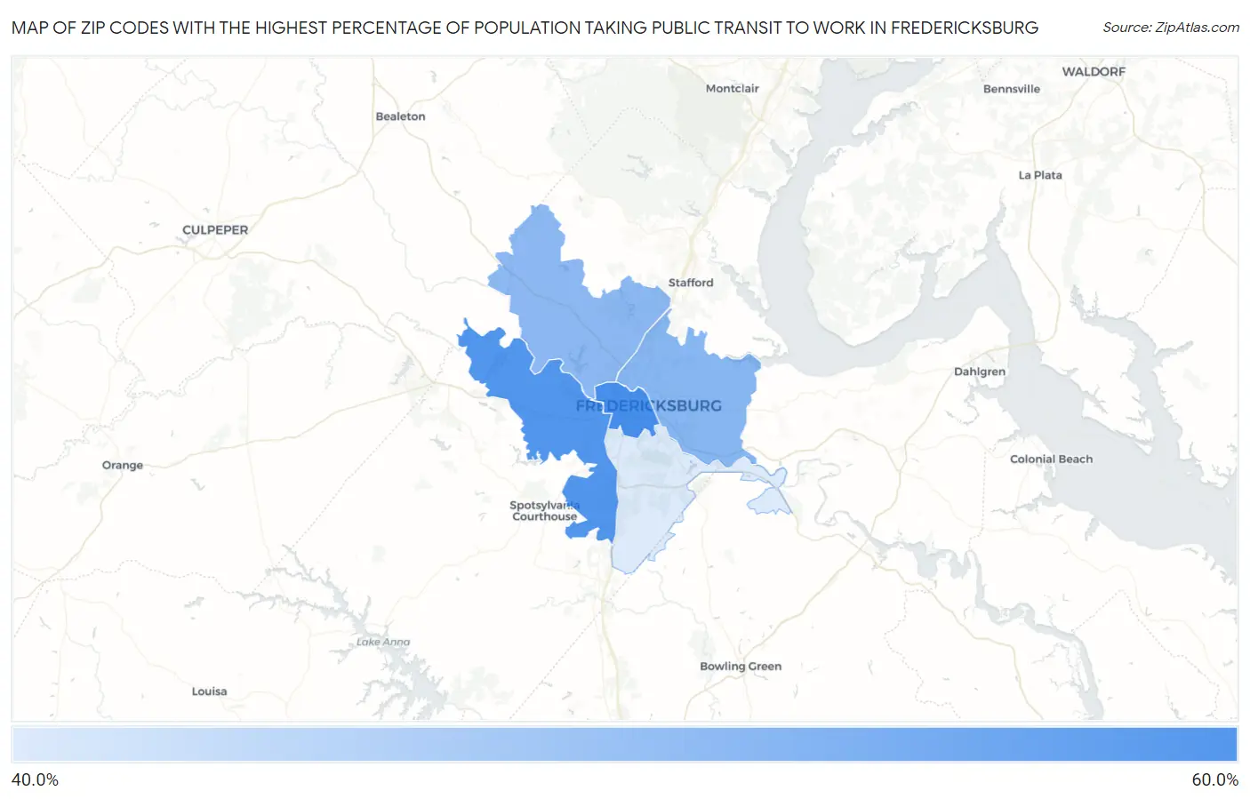 Zip Codes with the Highest Percentage of Population Taking Public Transit to Work in Fredericksburg Map