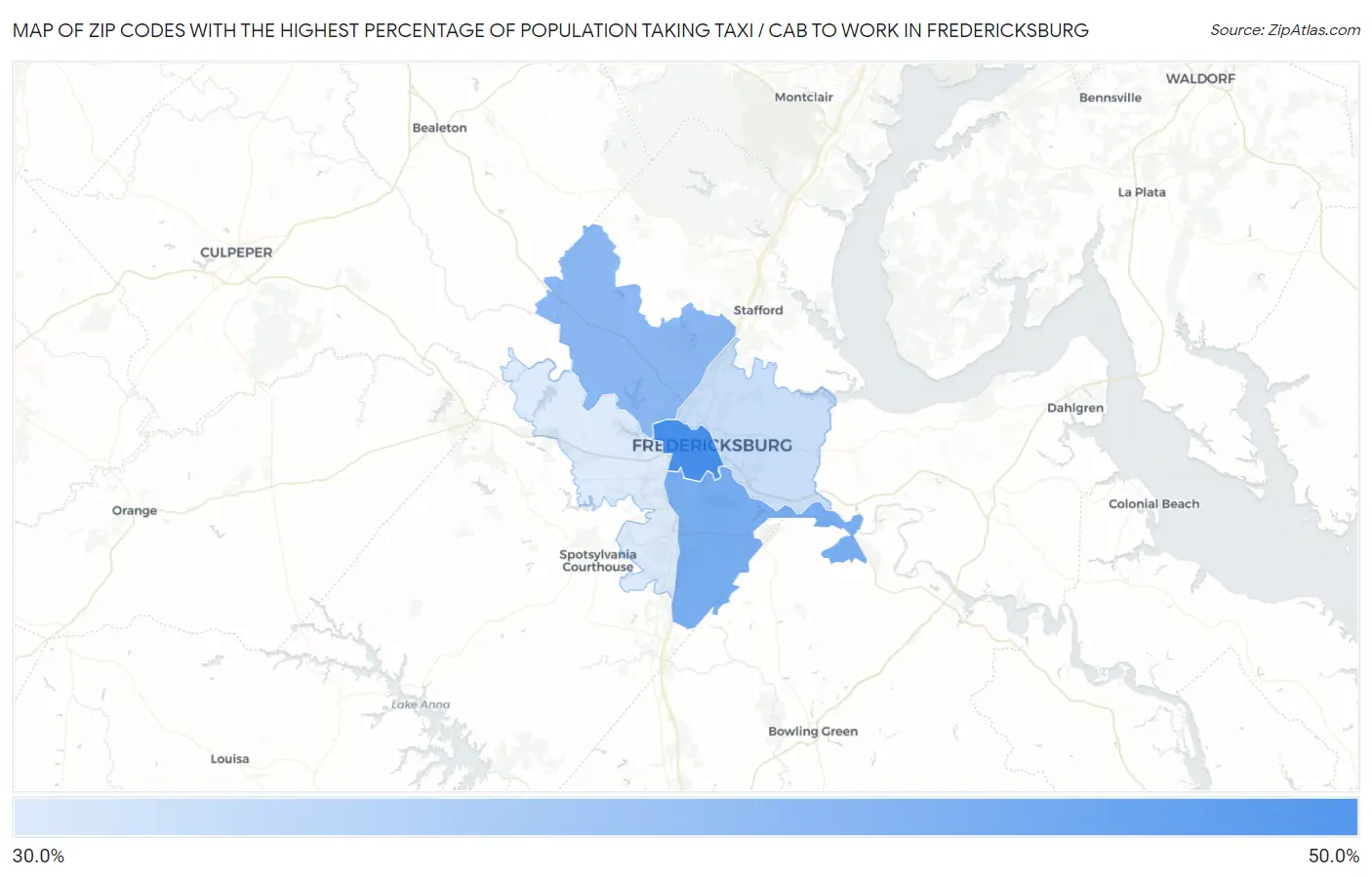 Zip Codes with the Highest Percentage of Population Taking Taxi / Cab to Work in Fredericksburg Map