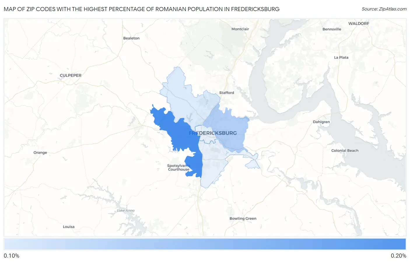 Zip Codes with the Highest Percentage of Romanian Population in Fredericksburg Map