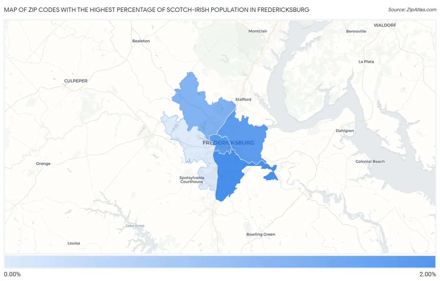 Zip Codes with the Highest Percentage of Scotch-Irish Population in Fredericksburg Map
