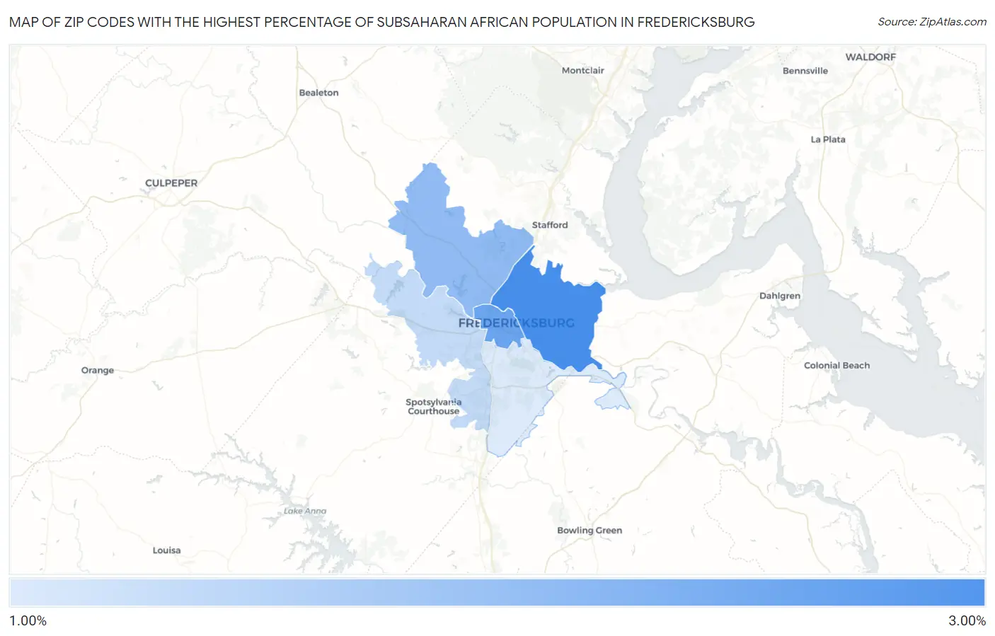 Zip Codes with the Highest Percentage of Subsaharan African Population in Fredericksburg Map