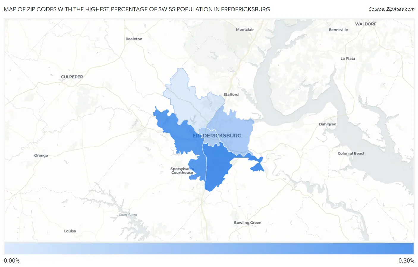 Zip Codes with the Highest Percentage of Swiss Population in Fredericksburg Map