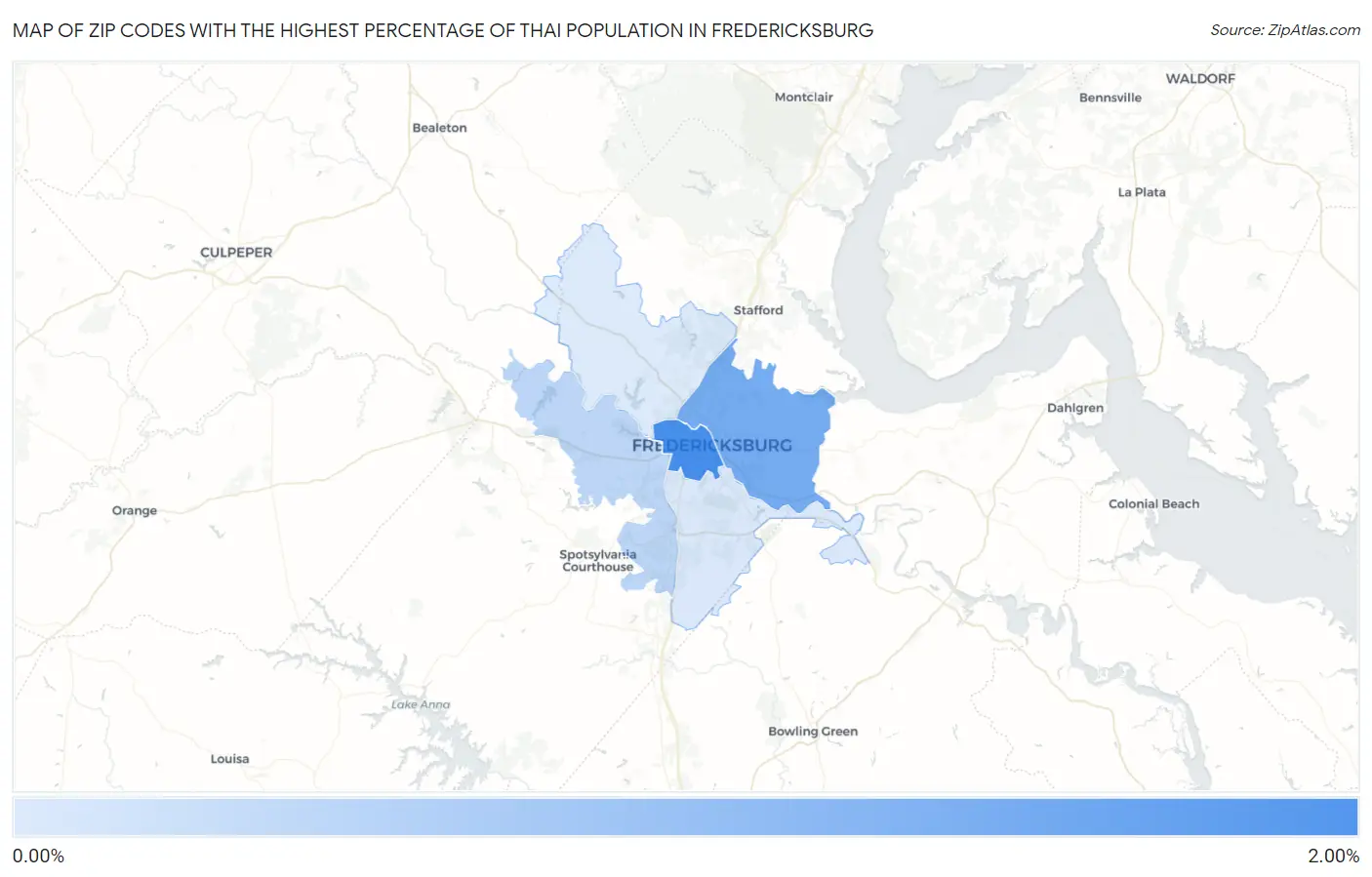Zip Codes with the Highest Percentage of Thai Population in Fredericksburg Map