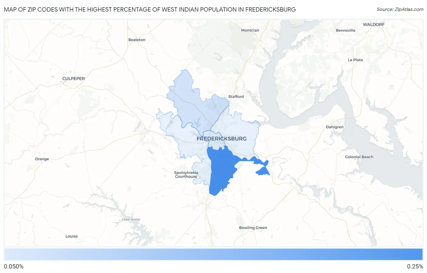 Zip Codes with the Highest Percentage of West Indian Population in Fredericksburg Map