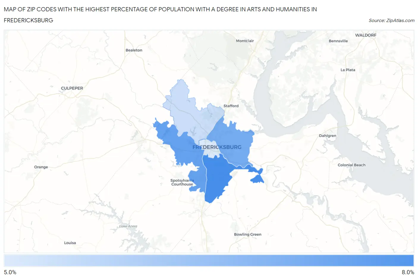 Zip Codes with the Highest Percentage of Population with a Degree in Arts and Humanities in Fredericksburg Map