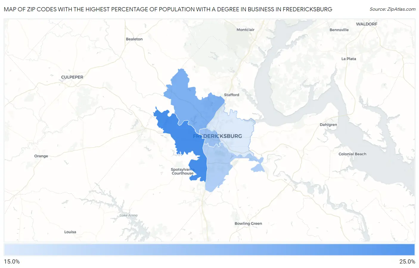 Zip Codes with the Highest Percentage of Population with a Degree in Business in Fredericksburg Map