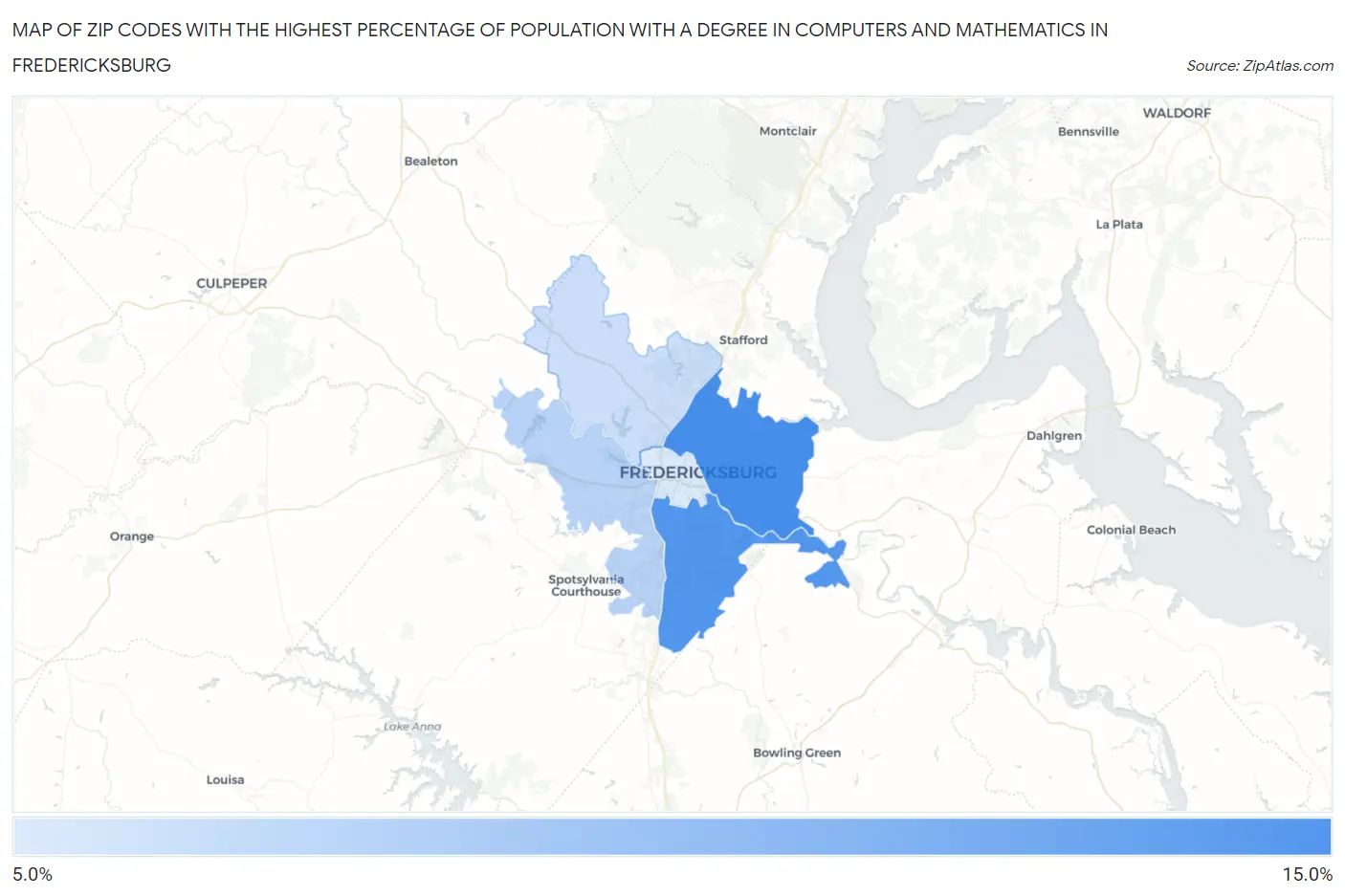 Zip Codes with the Highest Percentage of Population with a Degree in Computers and Mathematics in Fredericksburg Map