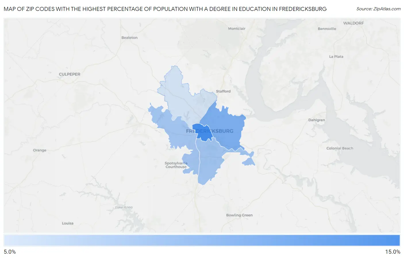 Zip Codes with the Highest Percentage of Population with a Degree in Education in Fredericksburg Map