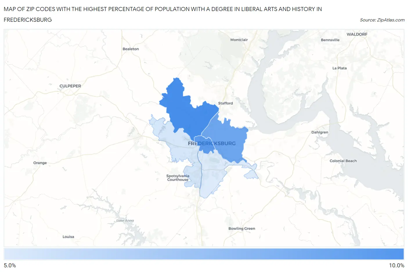 Zip Codes with the Highest Percentage of Population with a Degree in Liberal Arts and History in Fredericksburg Map
