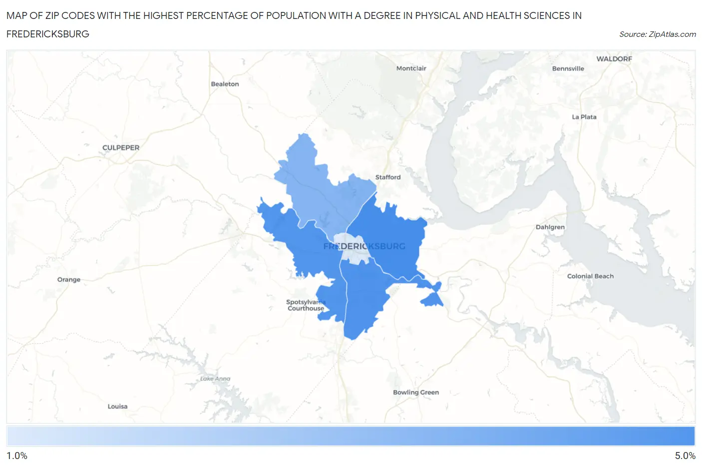 Zip Codes with the Highest Percentage of Population with a Degree in Physical and Health Sciences in Fredericksburg Map