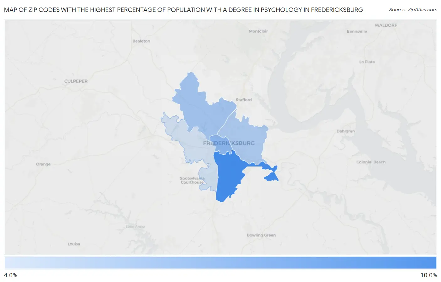 Zip Codes with the Highest Percentage of Population with a Degree in Psychology in Fredericksburg Map