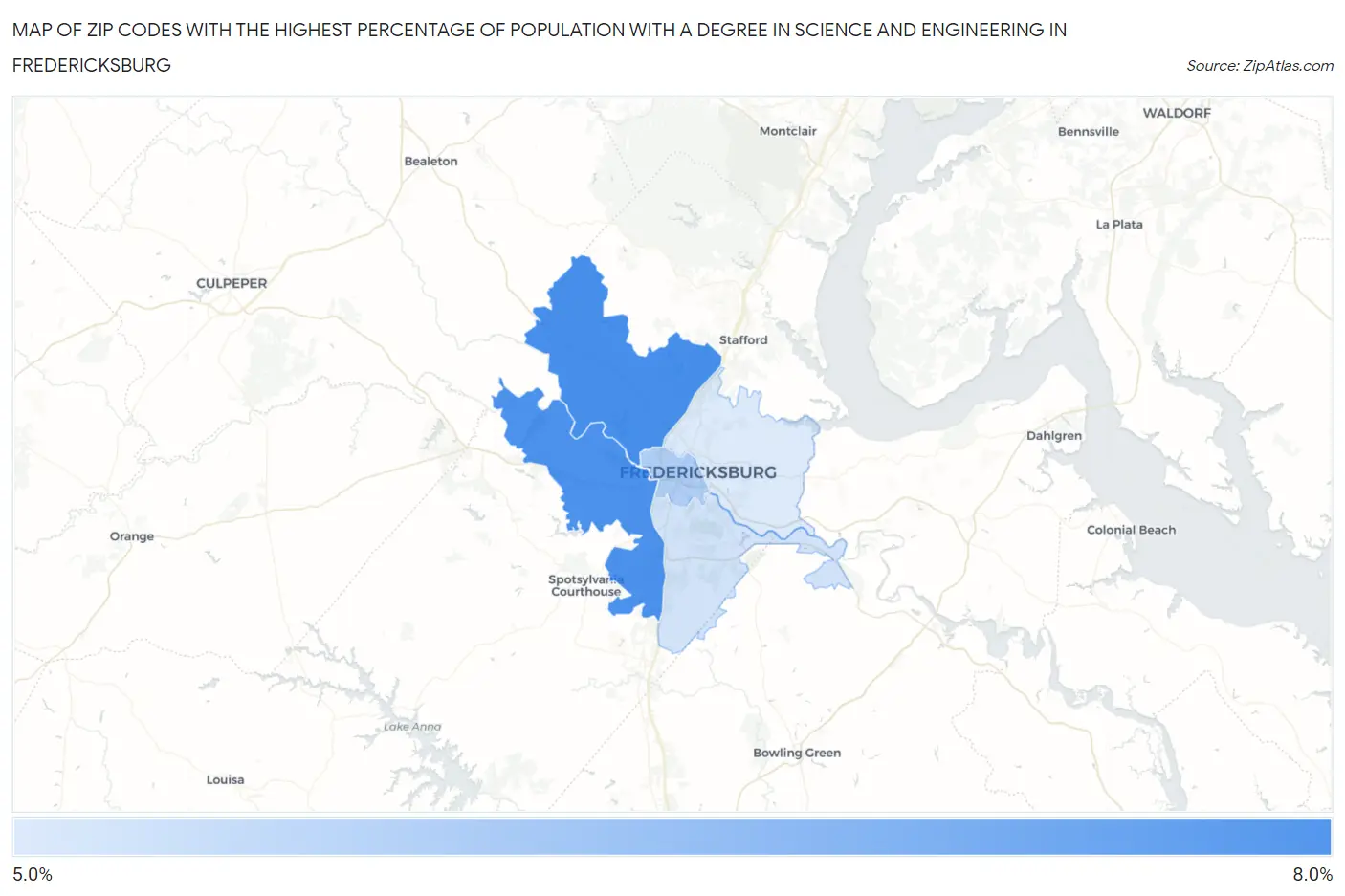 Zip Codes with the Highest Percentage of Population with a Degree in Science and Engineering in Fredericksburg Map