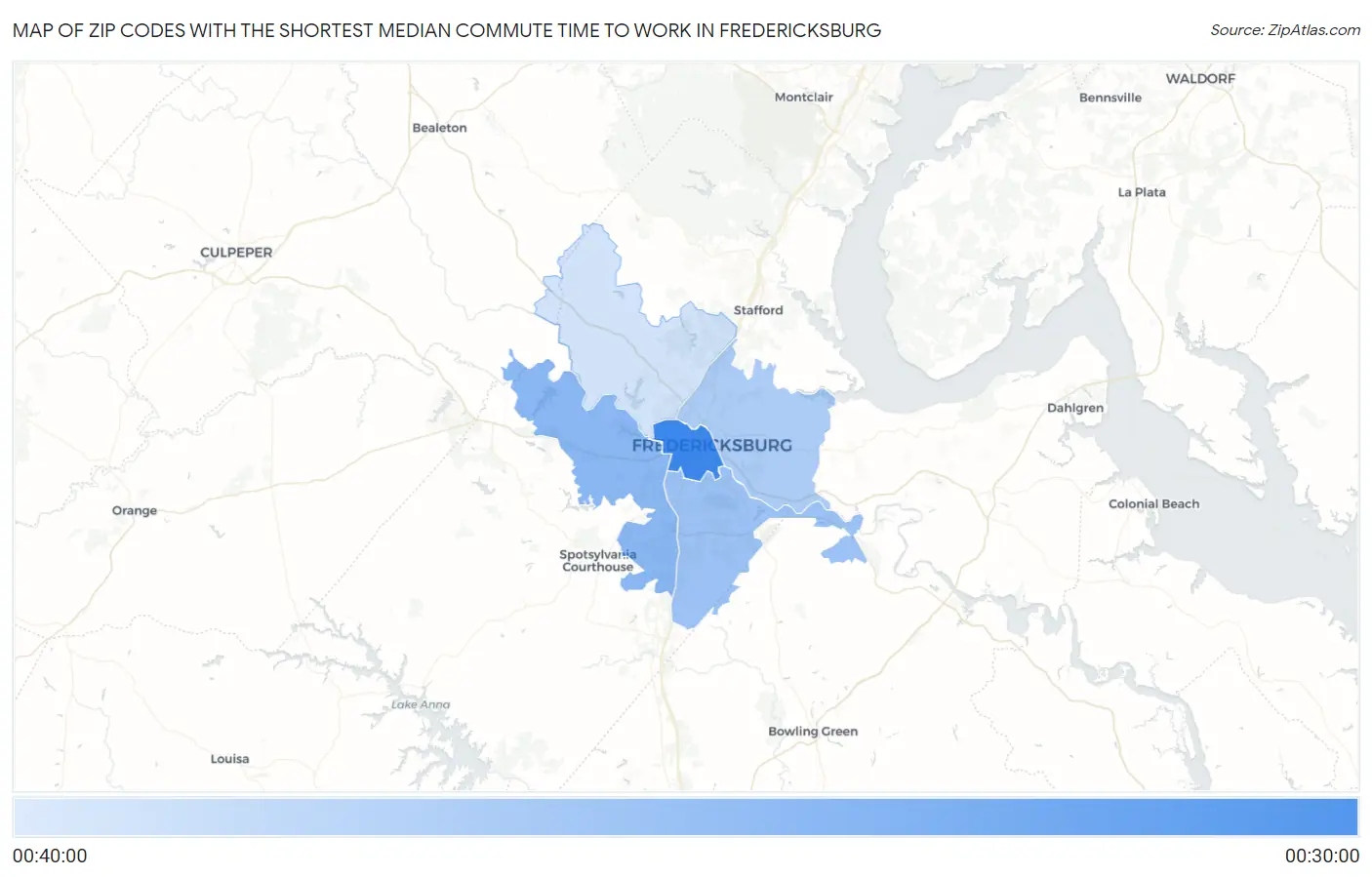 Zip Codes with the Shortest Median Commute Time to Work in Fredericksburg Map