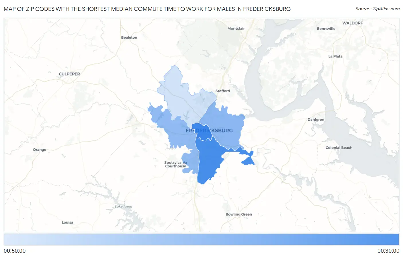 Zip Codes with the Shortest Median Commute Time to Work for Males in Fredericksburg Map