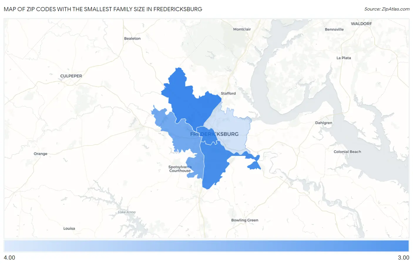 Zip Codes with the Smallest Family Size in Fredericksburg Map