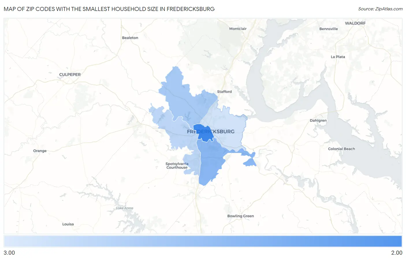 Zip Codes with the Smallest Household Size in Fredericksburg Map