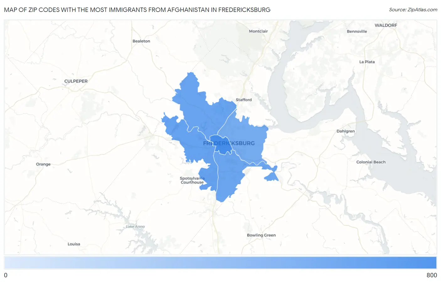 Zip Codes with the Most Immigrants from Afghanistan in Fredericksburg Map