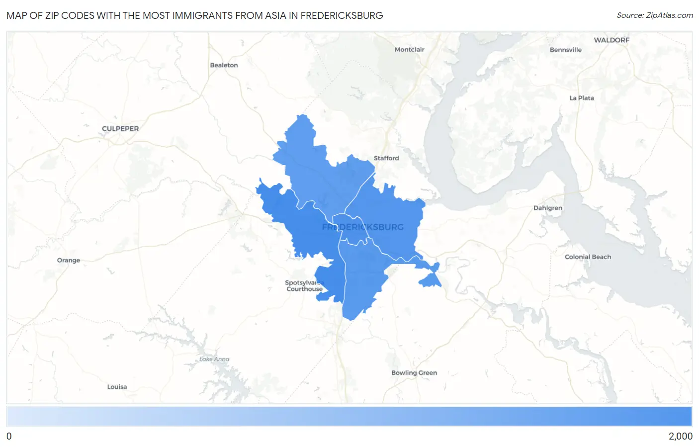 Zip Codes with the Most Immigrants from Asia in Fredericksburg Map