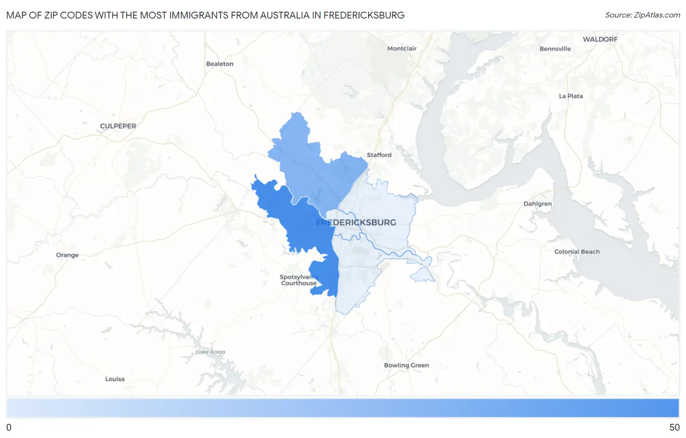 Zip Codes with the Most Immigrants from Australia in Fredericksburg Map