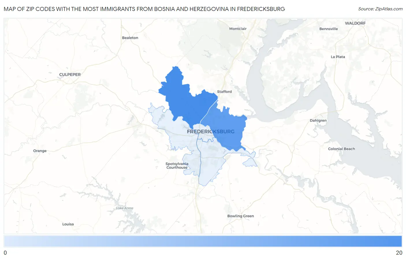 Zip Codes with the Most Immigrants from Bosnia and Herzegovina in Fredericksburg Map