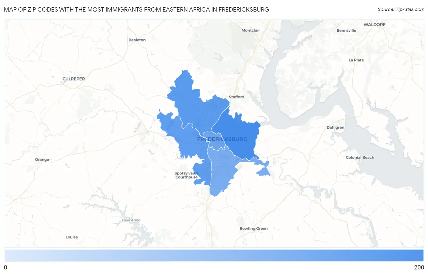 Zip Codes with the Most Immigrants from Eastern Africa in Fredericksburg Map