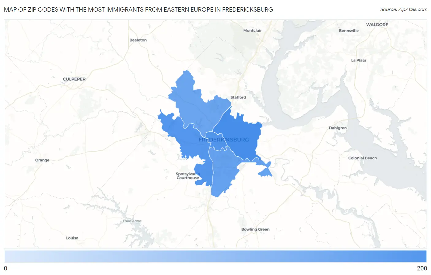 Zip Codes with the Most Immigrants from Eastern Europe in Fredericksburg Map
