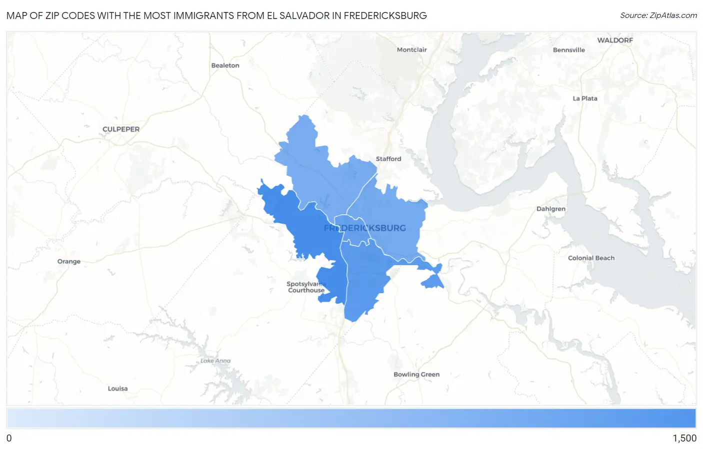 Zip Codes with the Most Immigrants from El Salvador in Fredericksburg Map