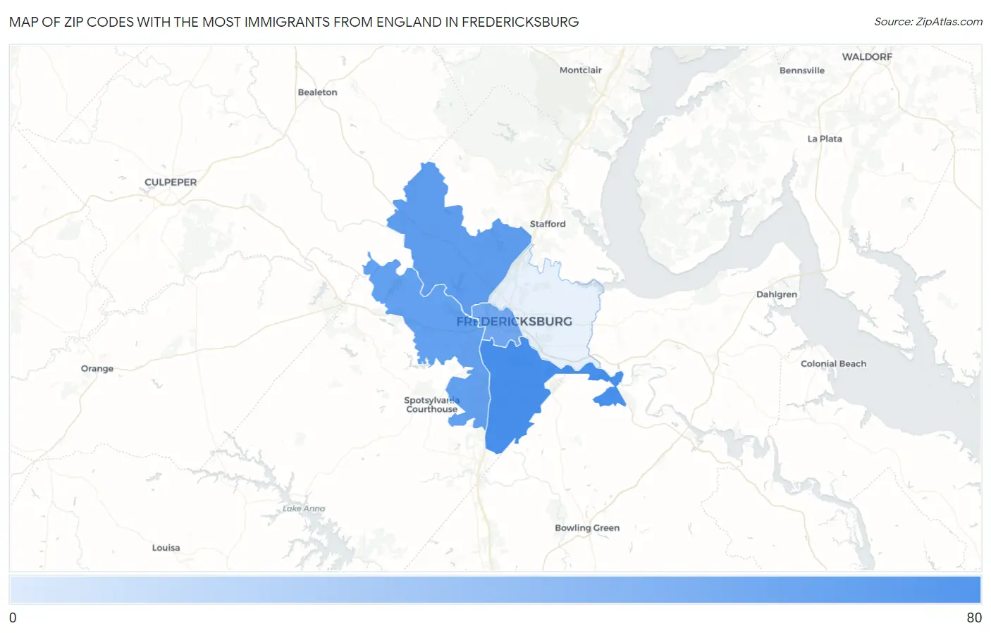 Zip Codes with the Most Immigrants from England in Fredericksburg Map