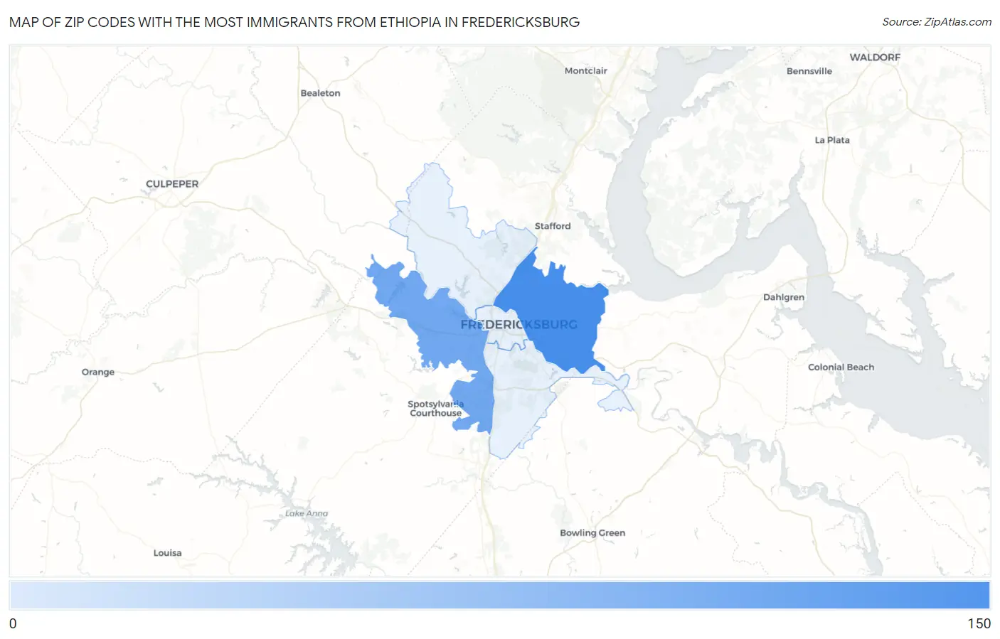 Zip Codes with the Most Immigrants from Ethiopia in Fredericksburg Map