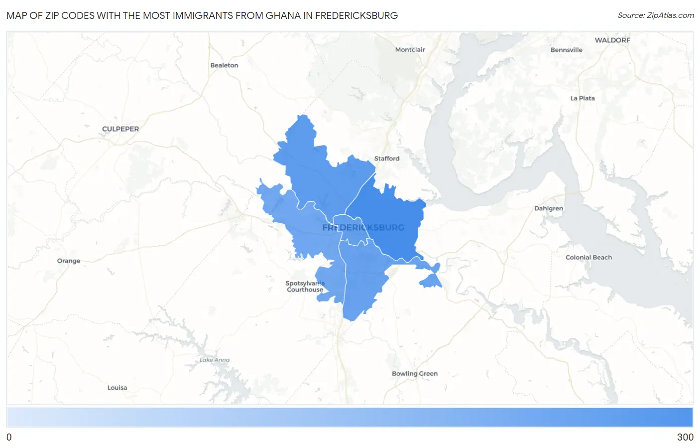 Zip Codes with the Most Immigrants from Ghana in Fredericksburg Map