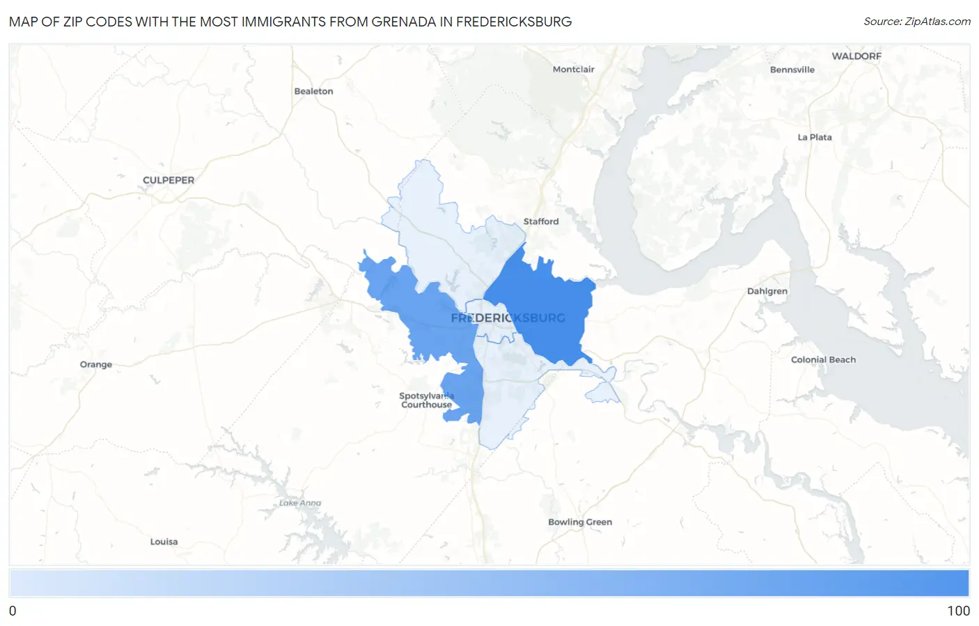 Zip Codes with the Most Immigrants from Grenada in Fredericksburg Map