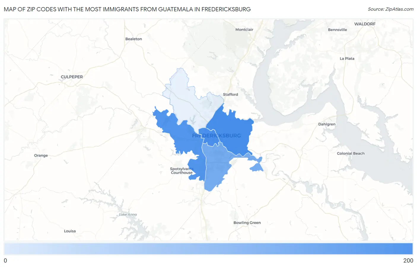 Zip Codes with the Most Immigrants from Guatemala in Fredericksburg Map