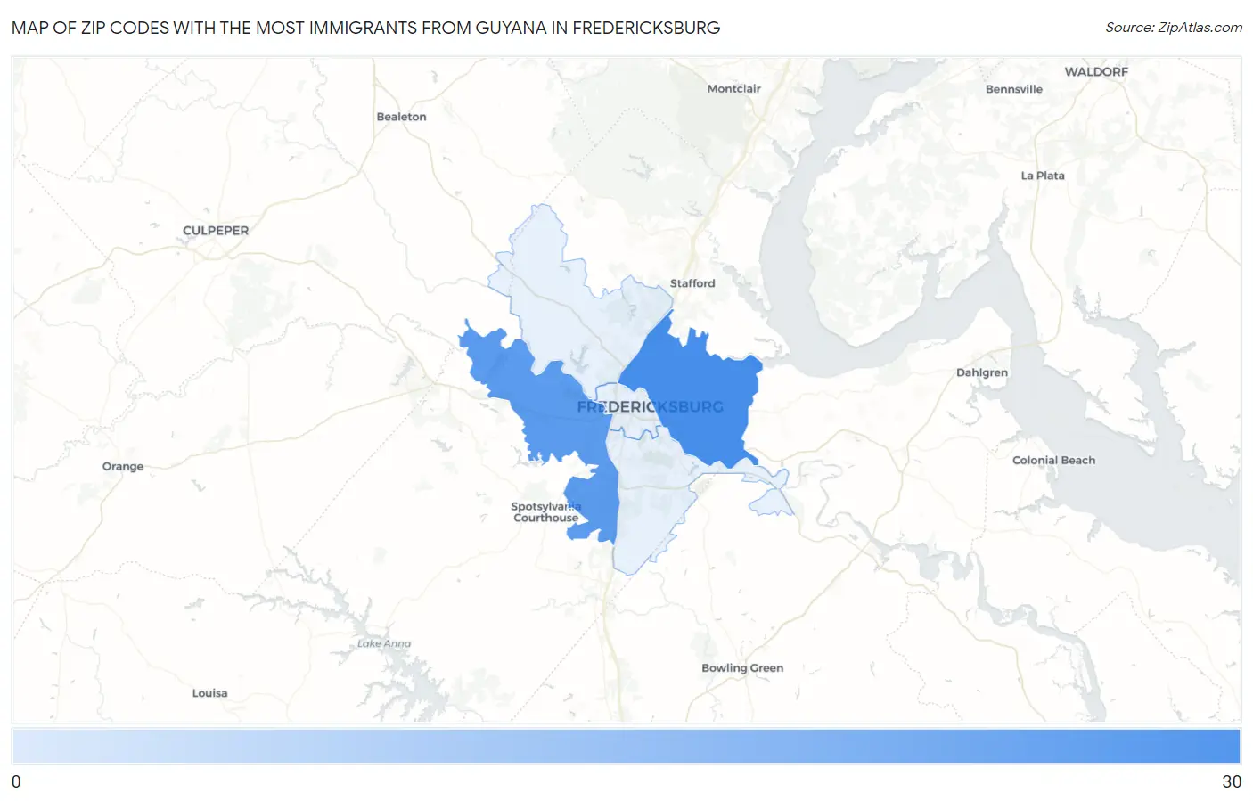 Zip Codes with the Most Immigrants from Guyana in Fredericksburg Map