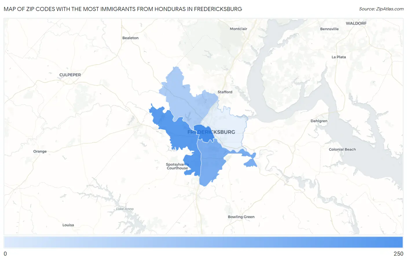 Zip Codes with the Most Immigrants from Honduras in Fredericksburg Map