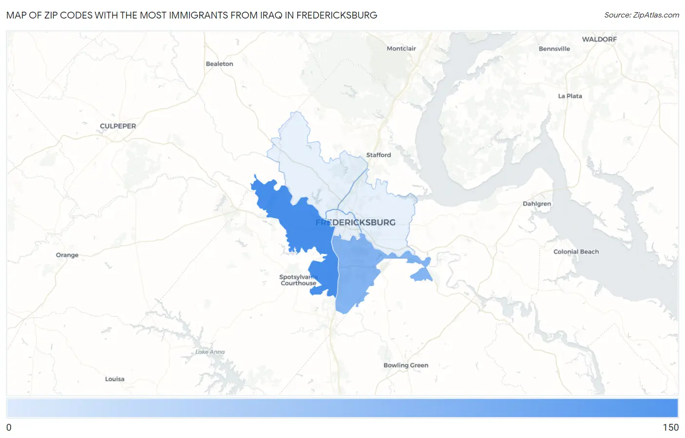 Zip Codes with the Most Immigrants from Iraq in Fredericksburg Map