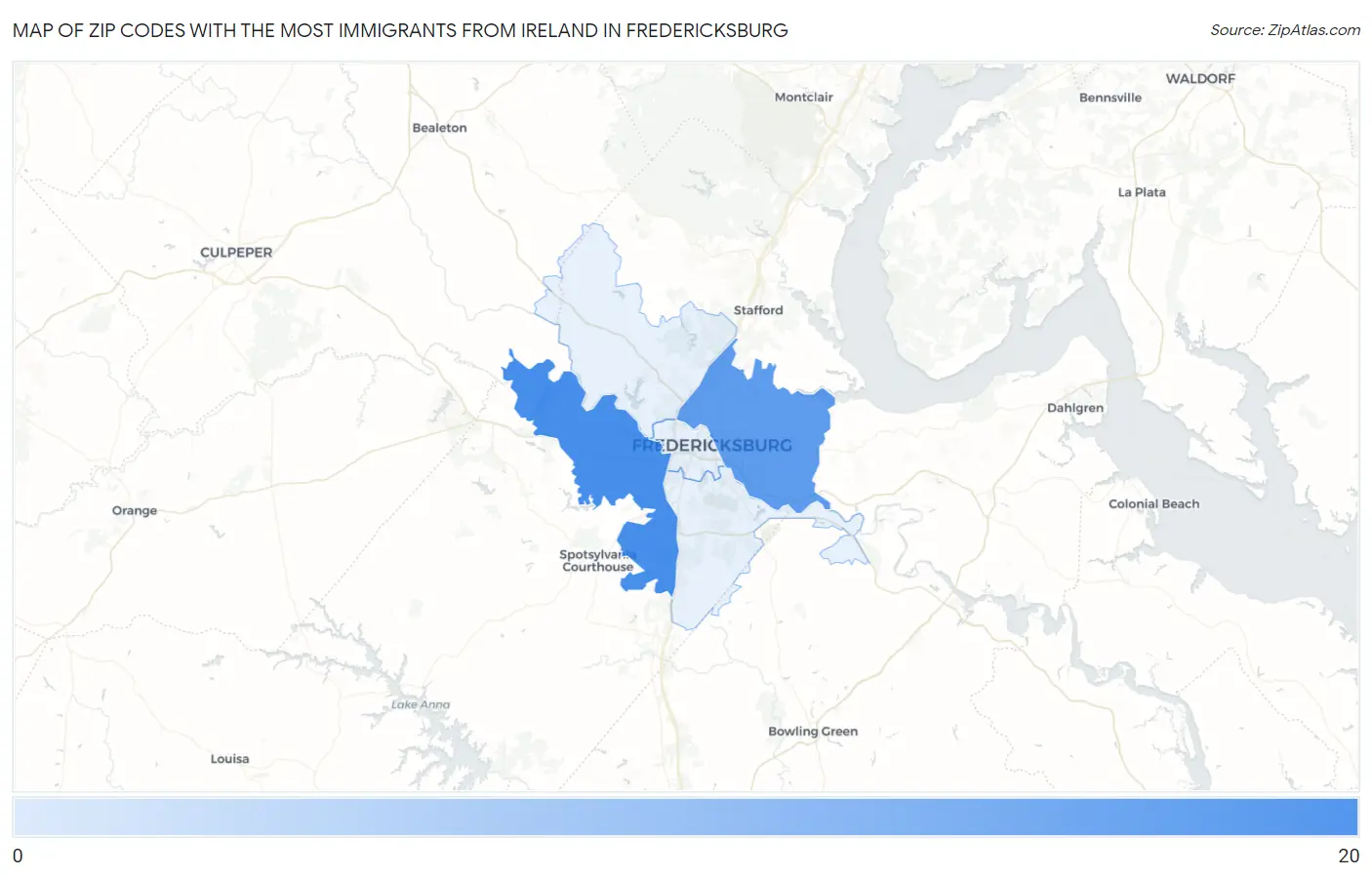 Zip Codes with the Most Immigrants from Ireland in Fredericksburg Map