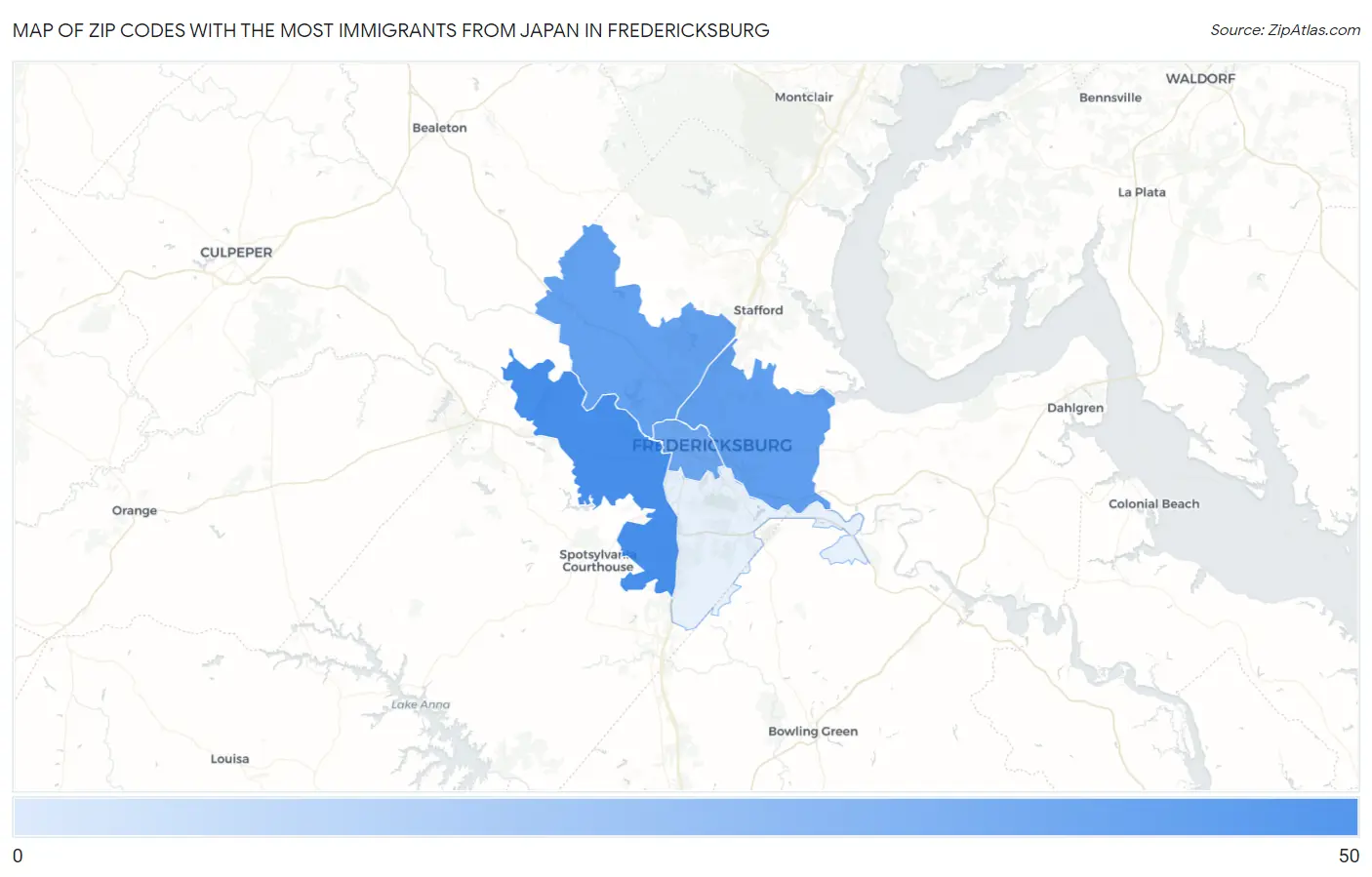 Zip Codes with the Most Immigrants from Japan in Fredericksburg Map