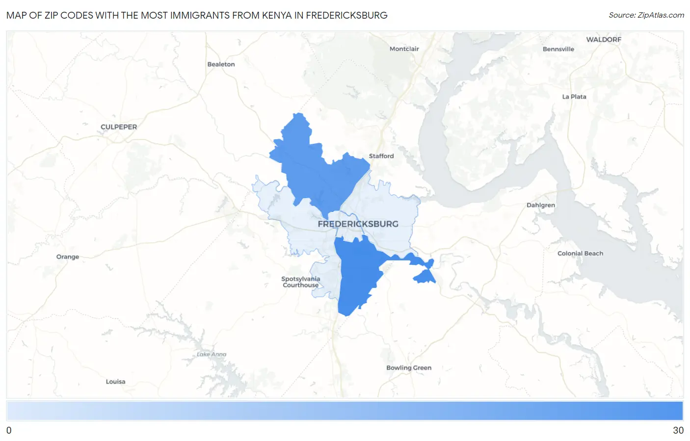 Zip Codes with the Most Immigrants from Kenya in Fredericksburg Map