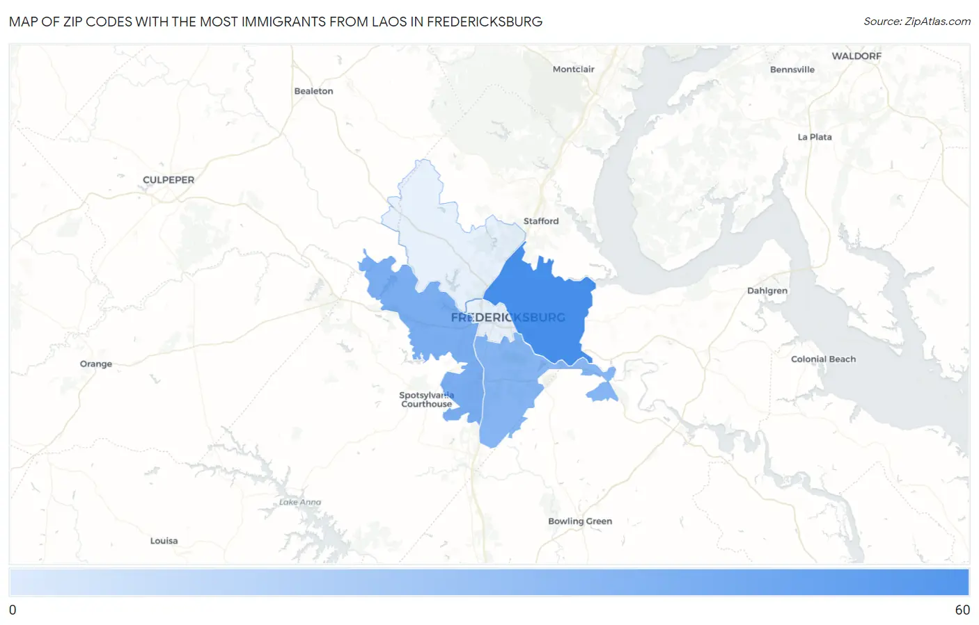 Zip Codes with the Most Immigrants from Laos in Fredericksburg Map