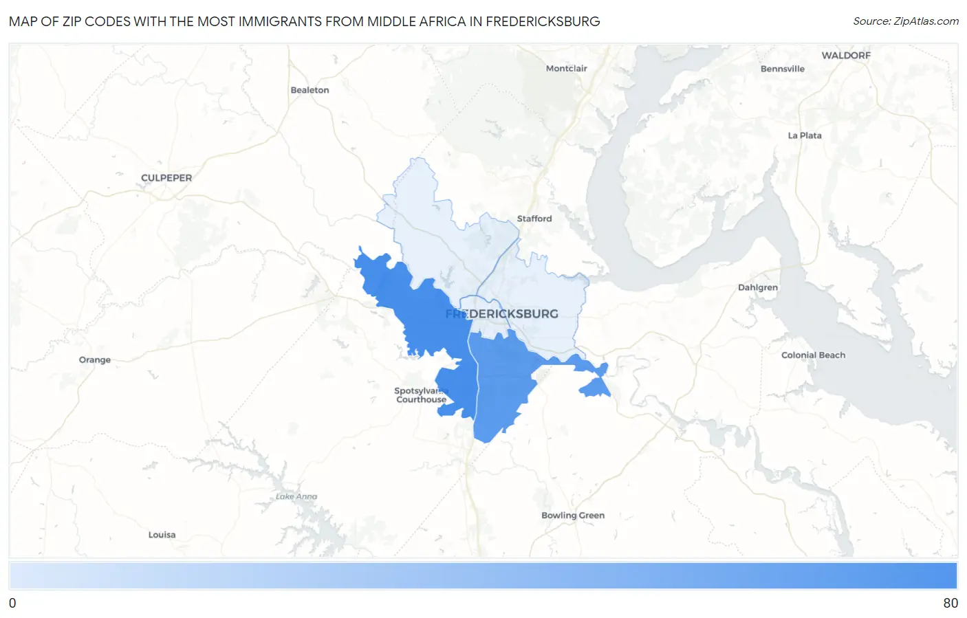 Zip Codes with the Most Immigrants from Middle Africa in Fredericksburg Map