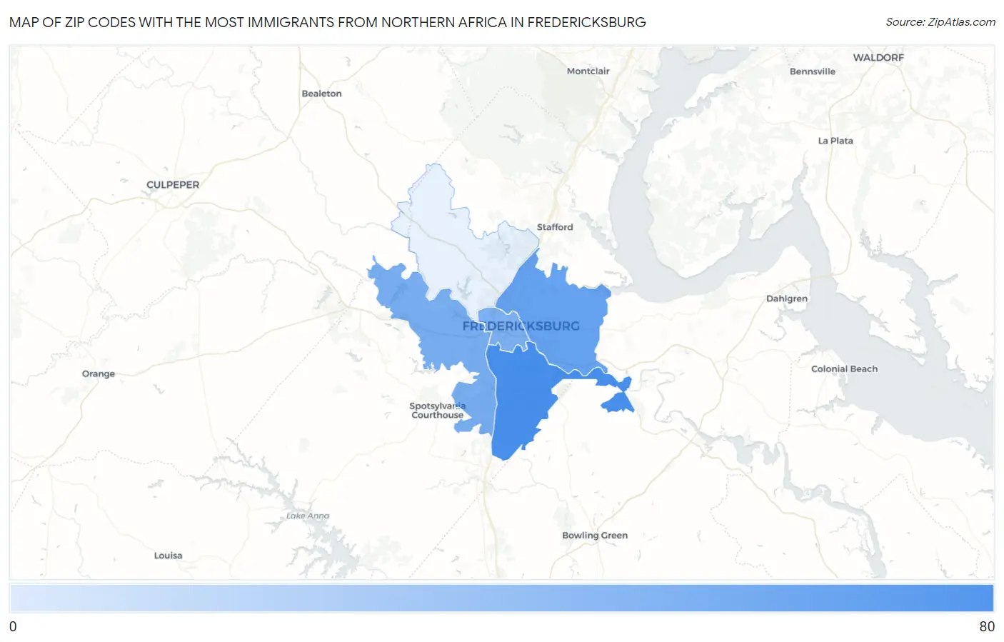 Zip Codes with the Most Immigrants from Northern Africa in Fredericksburg Map