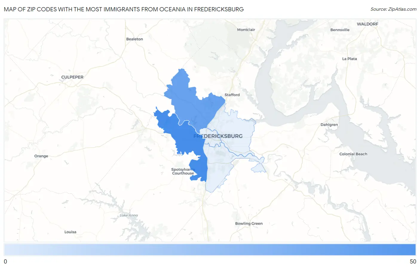 Zip Codes with the Most Immigrants from Oceania in Fredericksburg Map