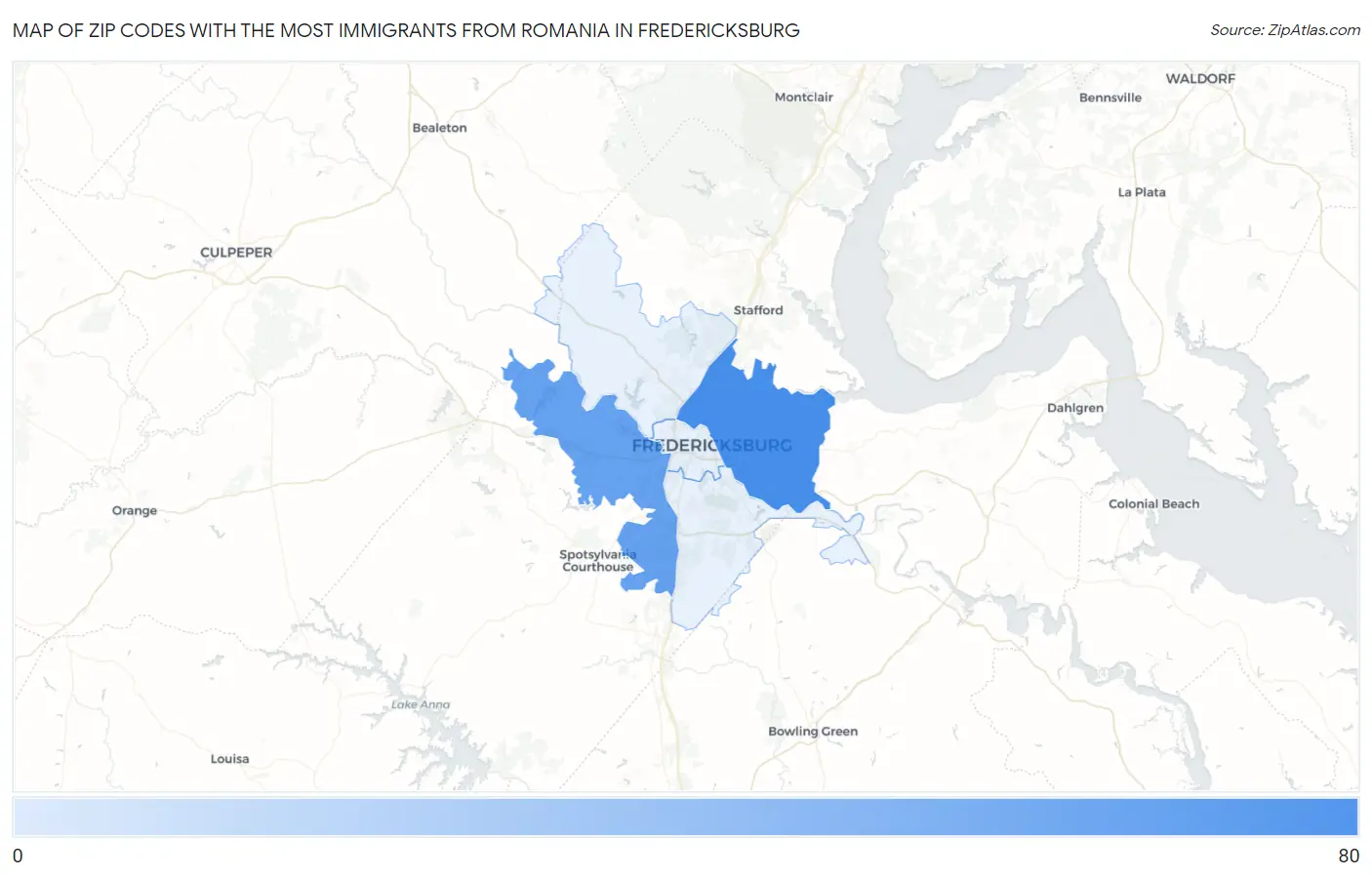 Zip Codes with the Most Immigrants from Romania in Fredericksburg Map