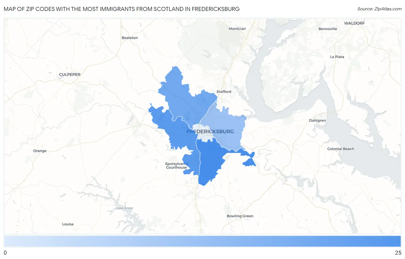 Zip Codes with the Most Immigrants from Scotland in Fredericksburg Map