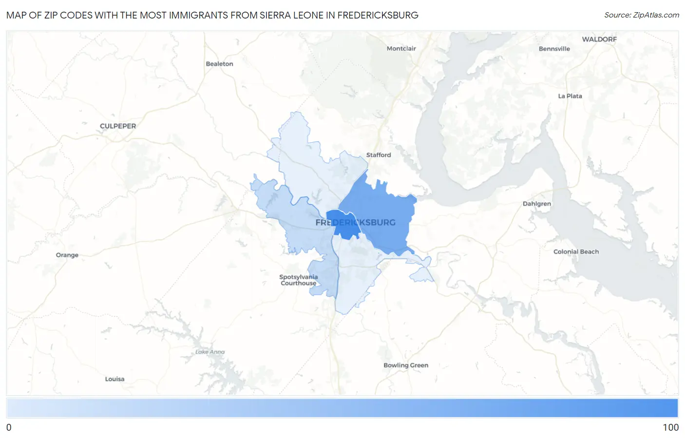 Zip Codes with the Most Immigrants from Sierra Leone in Fredericksburg Map