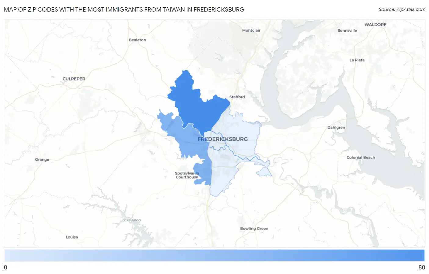 Zip Codes with the Most Immigrants from Taiwan in Fredericksburg Map