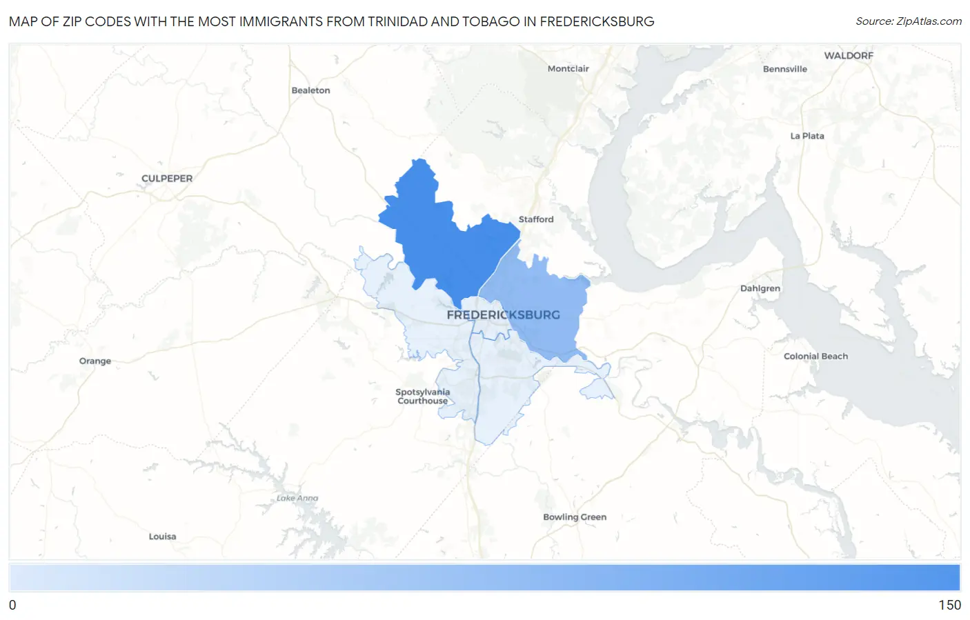 Zip Codes with the Most Immigrants from Trinidad and Tobago in Fredericksburg Map