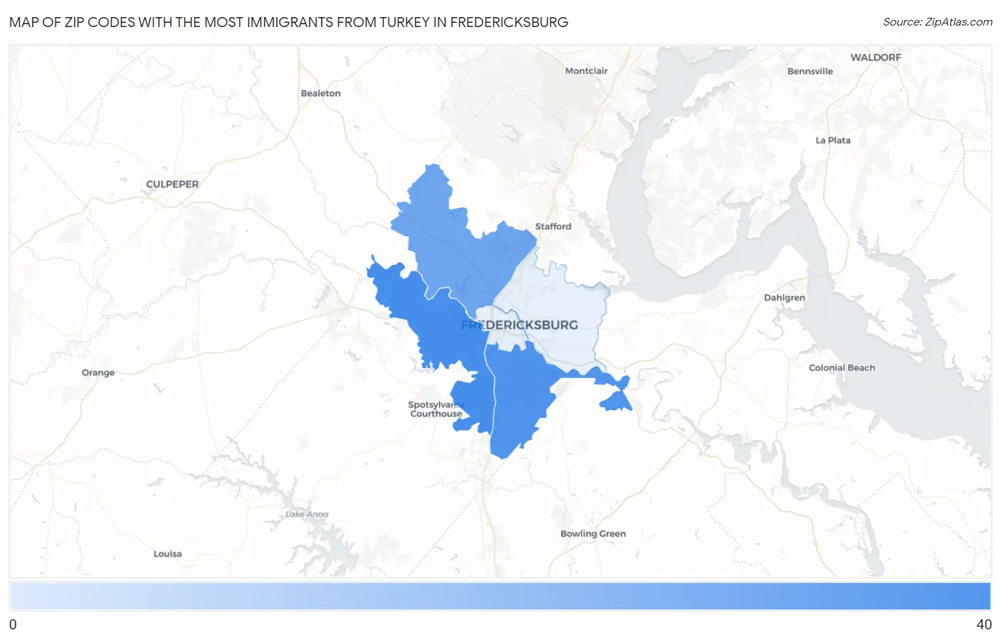 Zip Codes with the Most Immigrants from Turkey in Fredericksburg Map