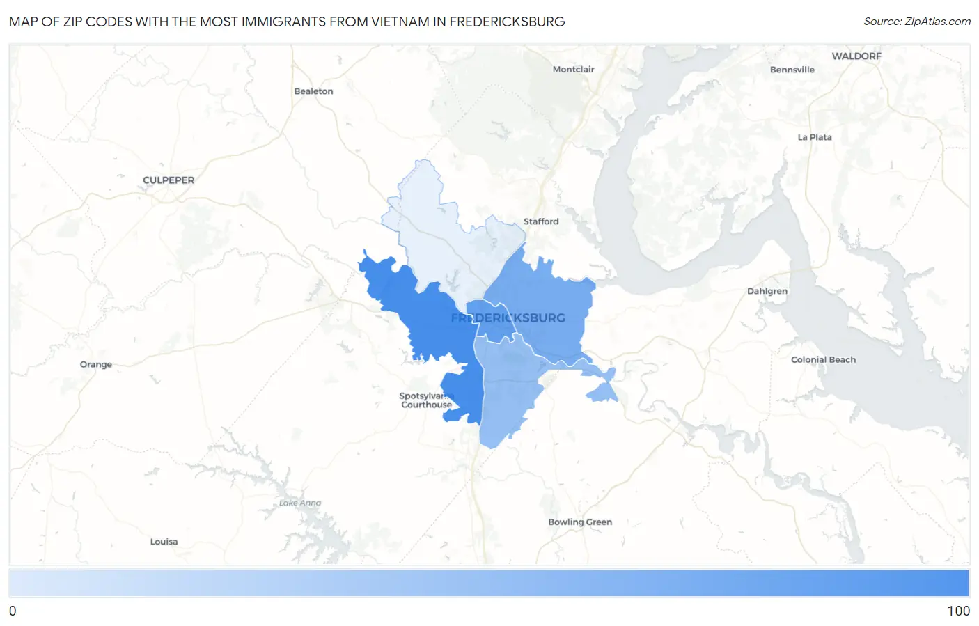 Zip Codes with the Most Immigrants from Vietnam in Fredericksburg Map