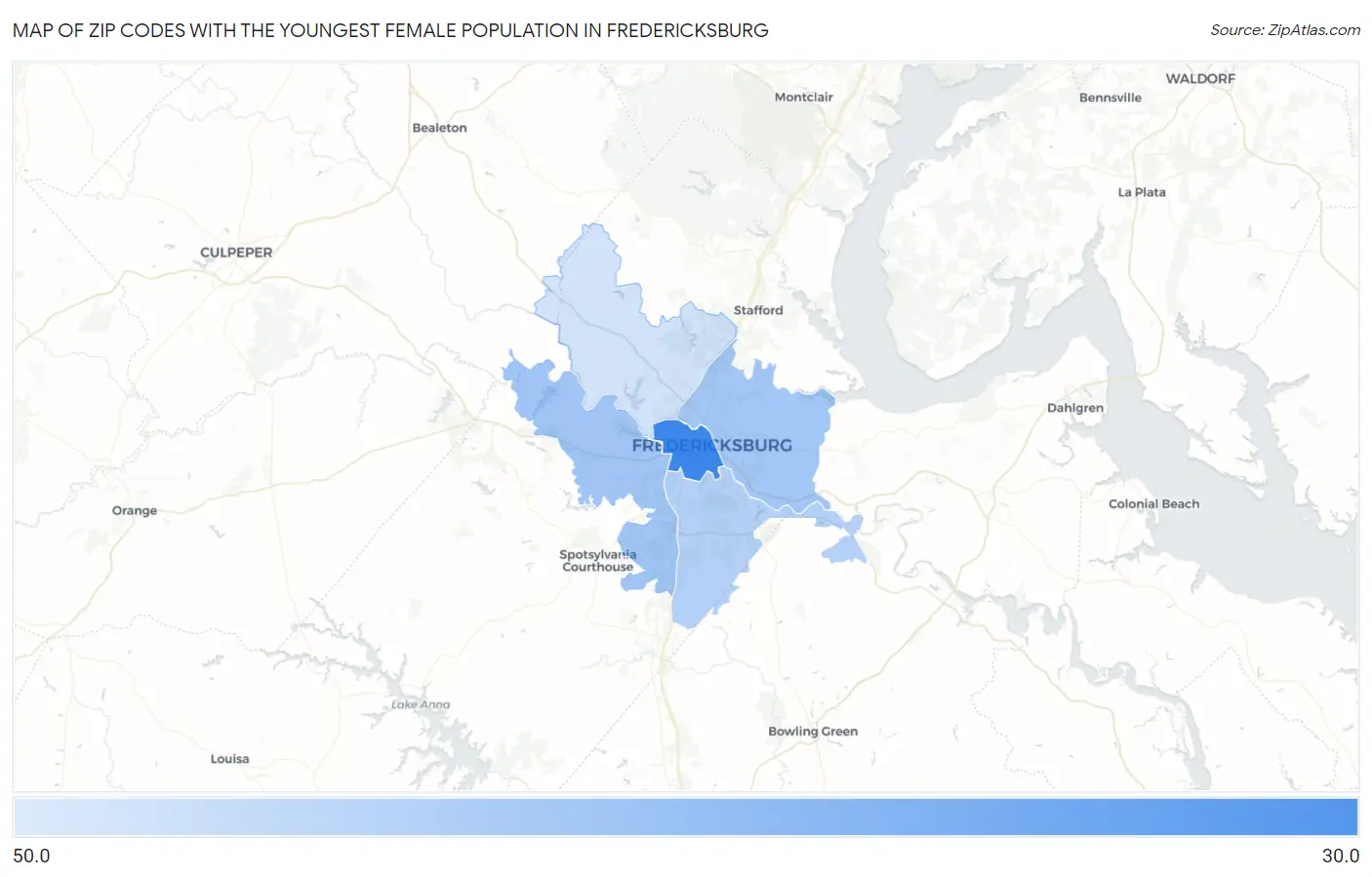 Zip Codes with the Youngest Female Population in Fredericksburg Map
